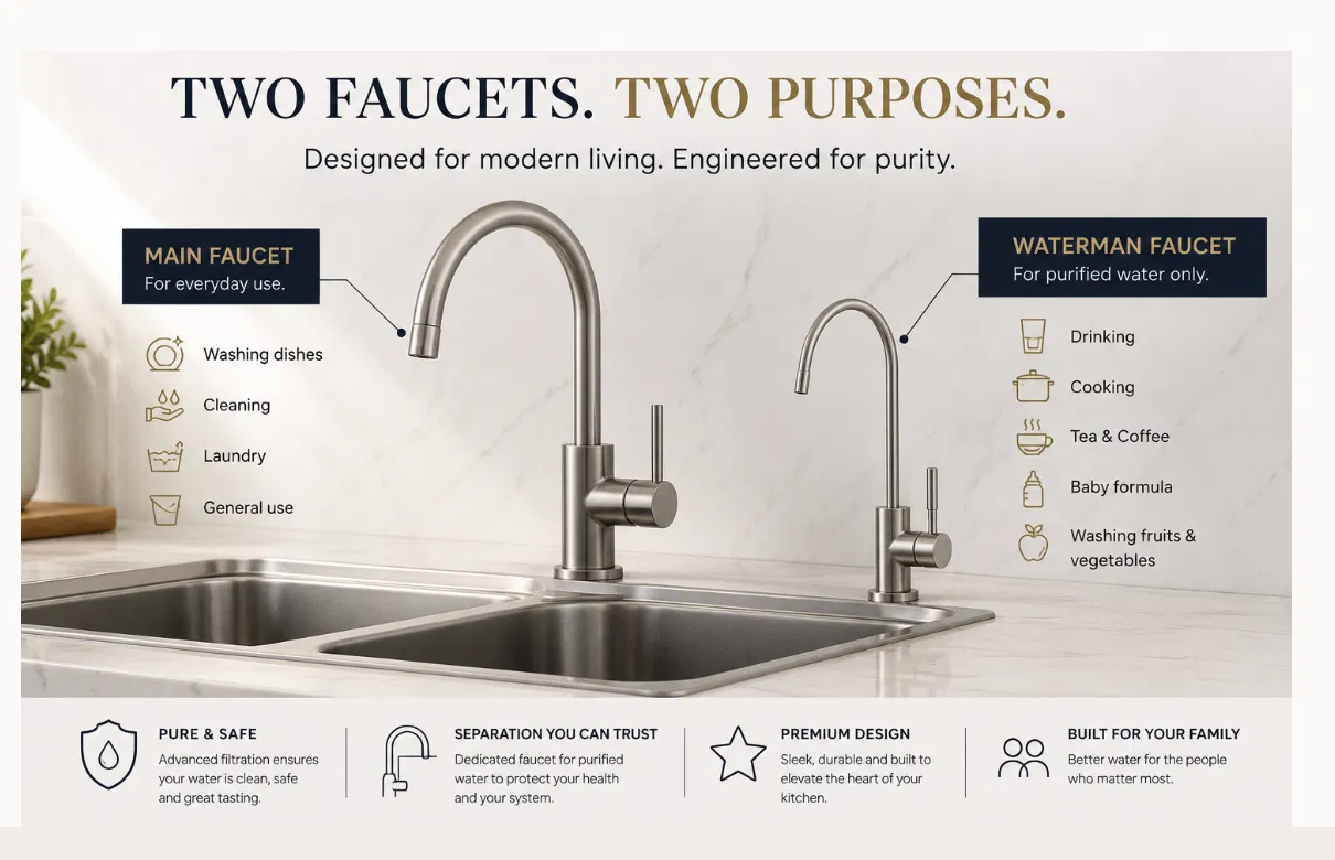 Two faucets at a kitchen sink — one main mixer for everyday use, and a smaller dedicated faucet for purified drinking and cooking water