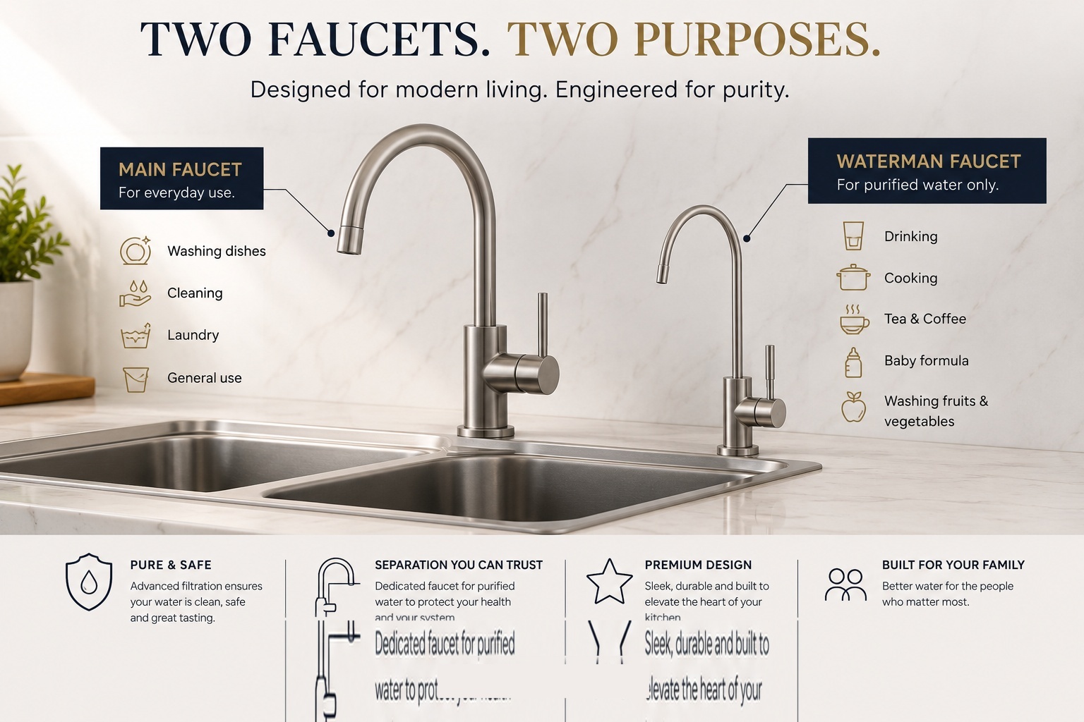 Two faucets at a kitchen sink — one main mixer for everyday use, and a smaller dedicated faucet for purified drinking and cooking water